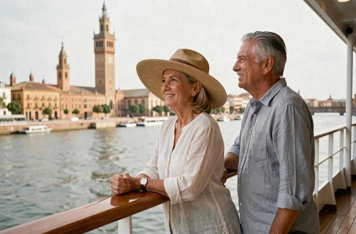 Couple de voyageurs sur le pont d'un bateau de croisière fluviale avec la skyline de Séville en arrière-plan