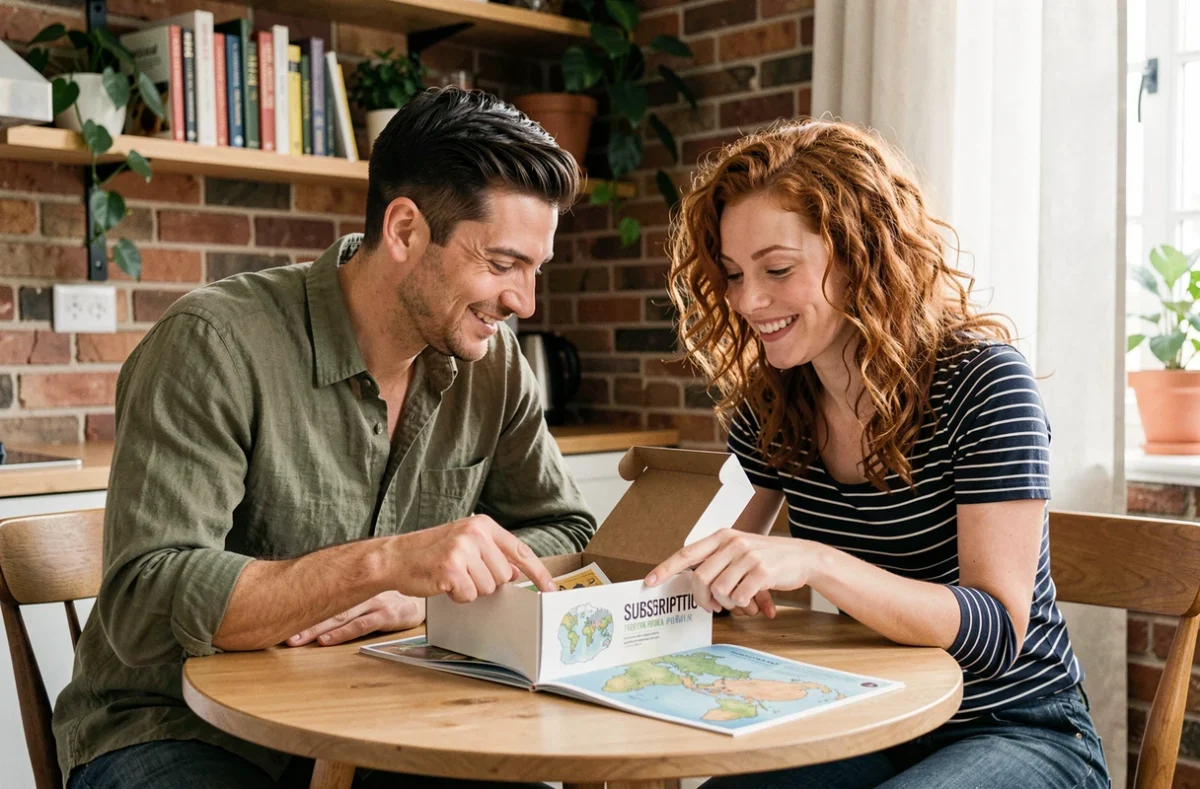 Couple découvrant ensemble une box voyage à la maison, explorant une carte et des produits régionaux sur leur table