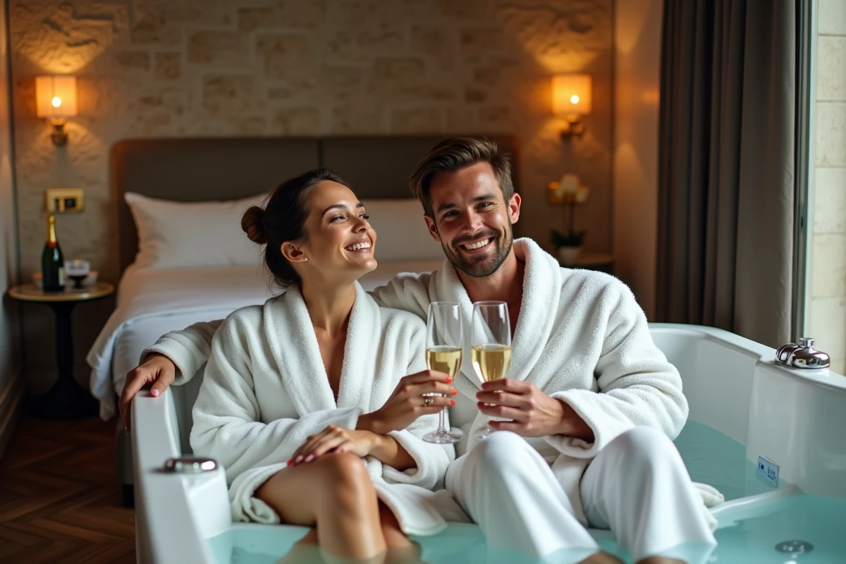 Couple en peignoir blanc profitant d'un jacuzzi privatif dans une chambre d'hôtel boutique à Paris
