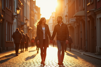 Couple heureux marchant dans Lille au coucher du soleil
