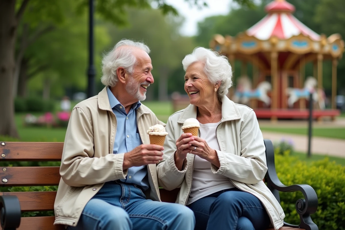 Couple âgée partageant une glace dans un parc