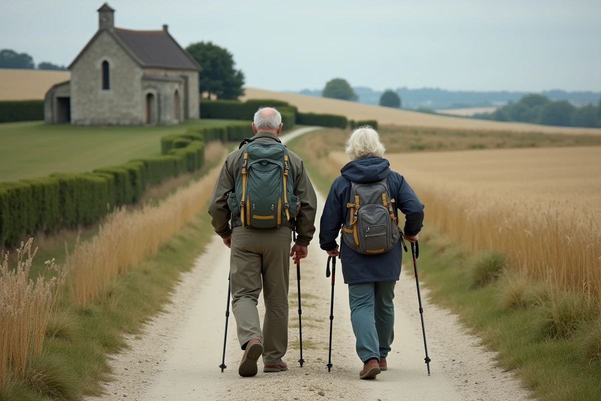 Deux pèlerins marchant ensemble sur le chemin de Compostelle avec une chapelle en pierre dans les champs français