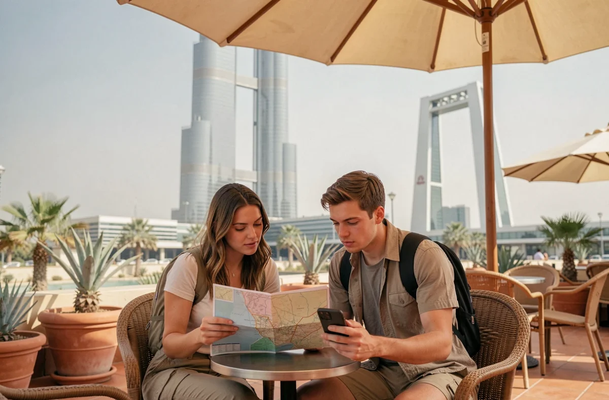 Couple planifiant leur visite du Burj Khalifa et du Dubai Frame depuis une terrasse de café à Dubaï