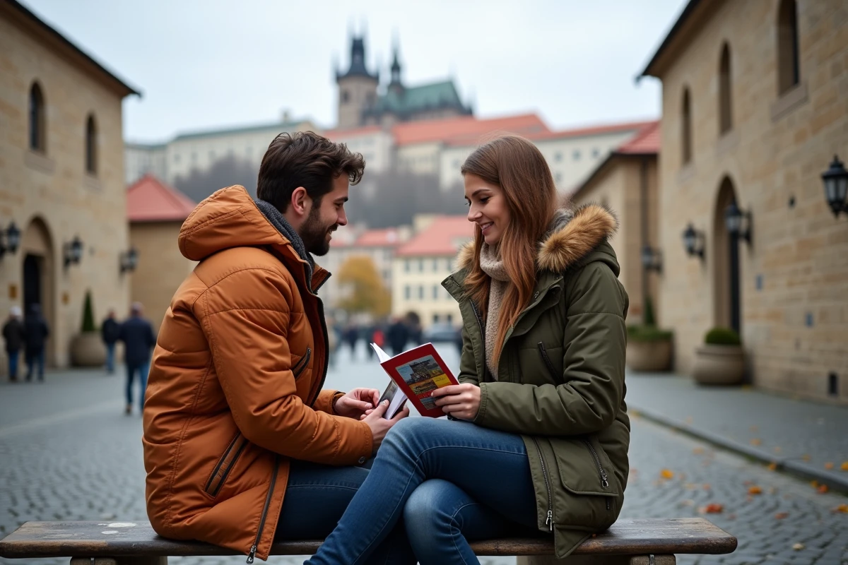 Couple consultant le guide de la Prague Card dans la cour du Château de Prague en automne