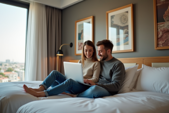 Jeune couple consulte prix hotel sur ordinateur