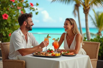 Couple en tenue de villégiature profitant d'un repas gastronomique en terrasse dans un hôtel de luxe tout compris en Guadeloupe avec vue sur la mer turquoise
