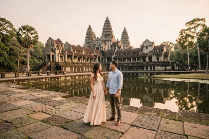 Couple romantique main dans la main devant les temples d'Angkor Wat au Cambodge au lever du soleil