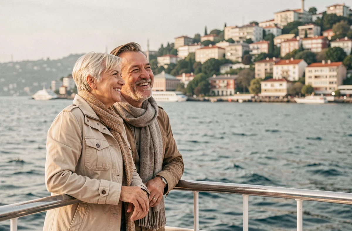 Couple de touristes profitant d'une croisière sur le Bosphore avec la rive asiatique d'Istanbul en arrière-plan