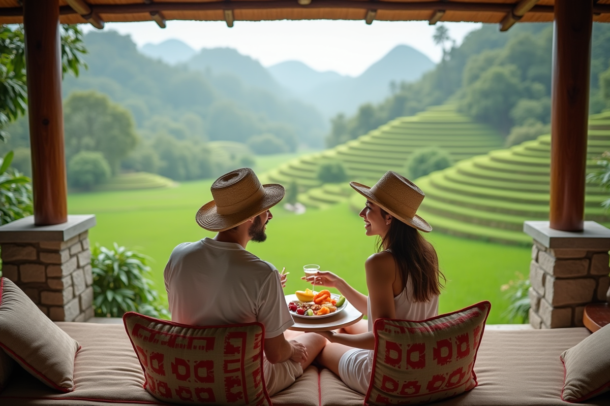 Jeune couple riant dans un lounge face aux rizières