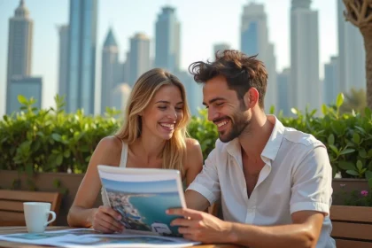 Jeune couple souriant à Dubai avec plans vacances