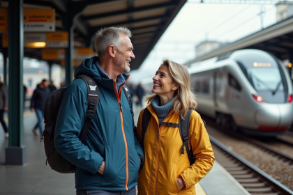 Couple voyageant en train en Europe sur une plateforme