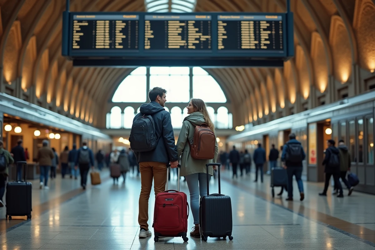 Couple de voyageurs souriants devant un panneau de départs dans une grande gare européenne avec bagages légers