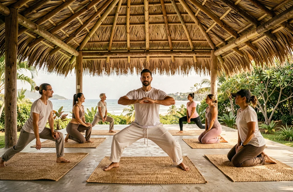 Cours de yoga en plein air sous une palapa traditionnelle à Mazunte avec un groupe de participants et un instructeur