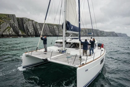 Catamaran blanc naviguant le long des côtes granitiques de Bretagne avec vue sur les falaises et la mer émeraude