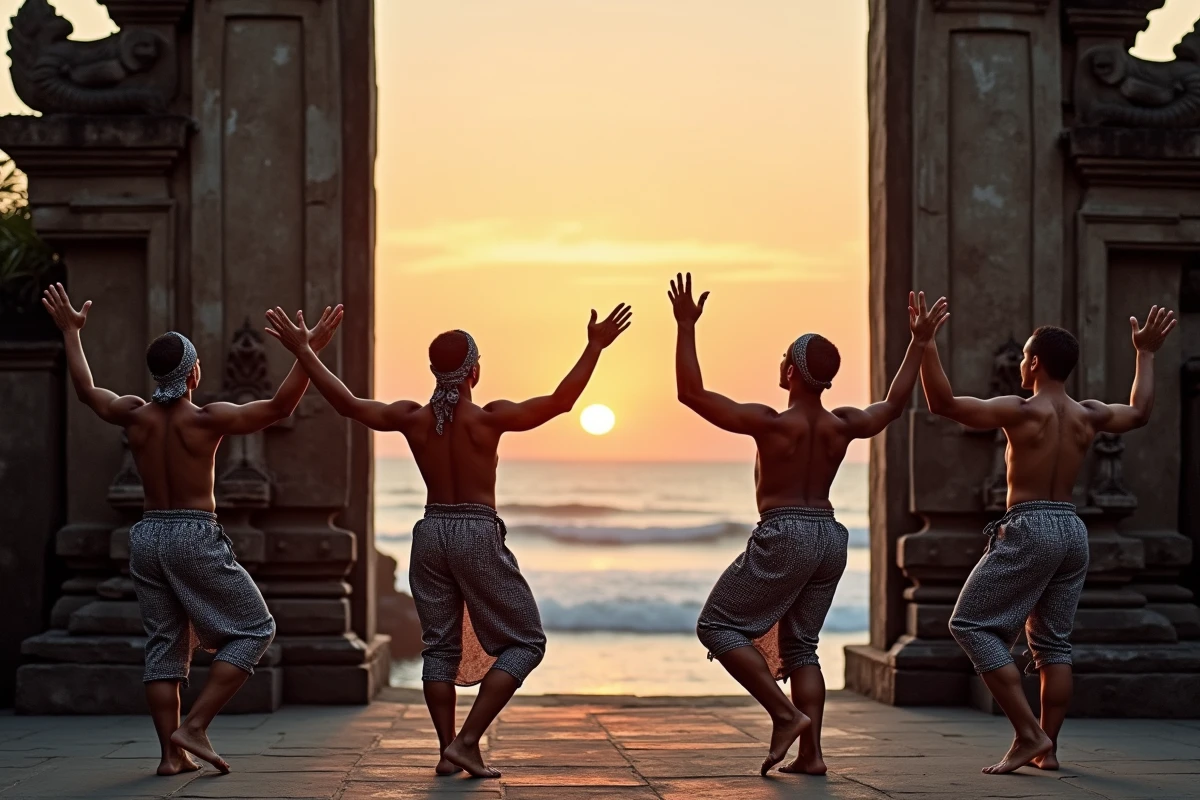 Danseurs balinais en sarong traditionnel exécutant la danse Kecak au temple Uluwatu en bord de falaise à Bali, performance culturelle et spirituelle emblématique