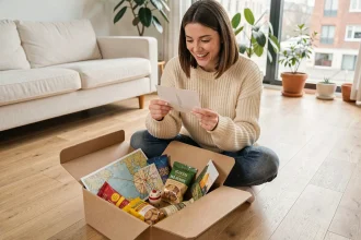Femme découvrant le contenu d'une box voyage sur le sol de son salon, entourée de souvenirs et de spécialités locales
