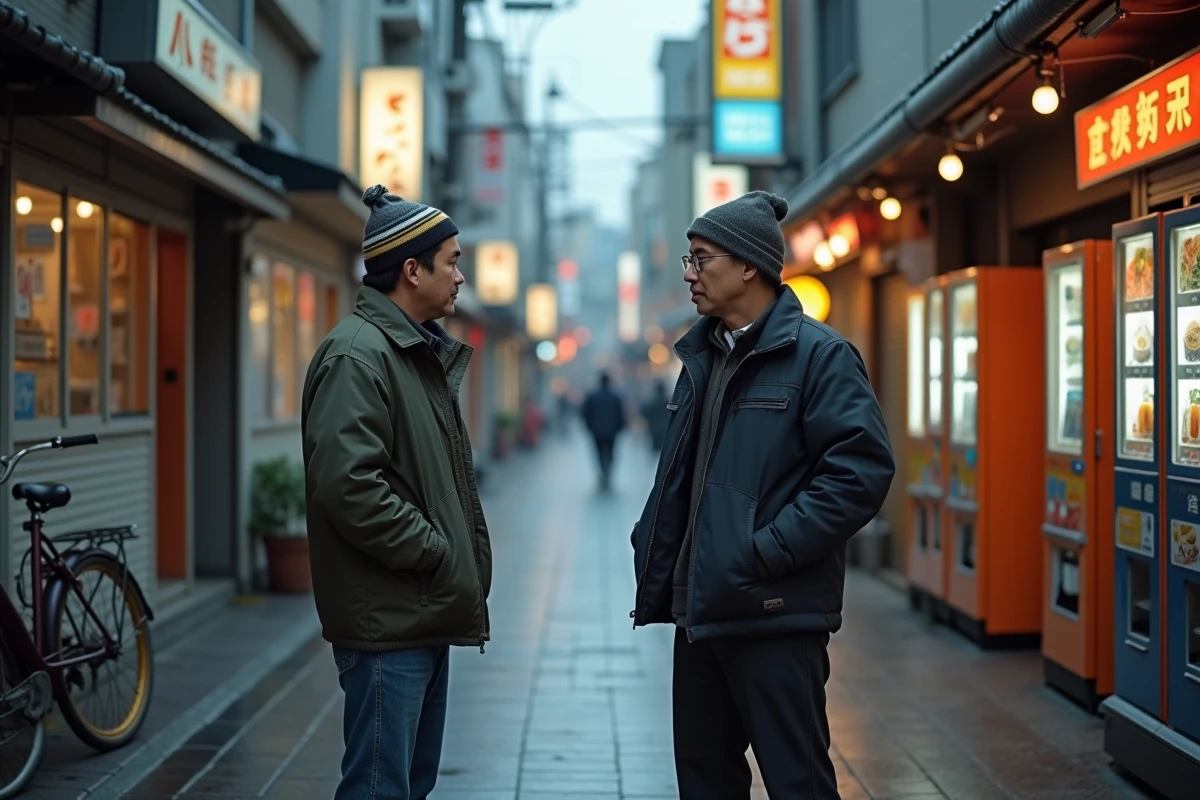 Deux hommes japonais discutant dans une rue de Tokyo