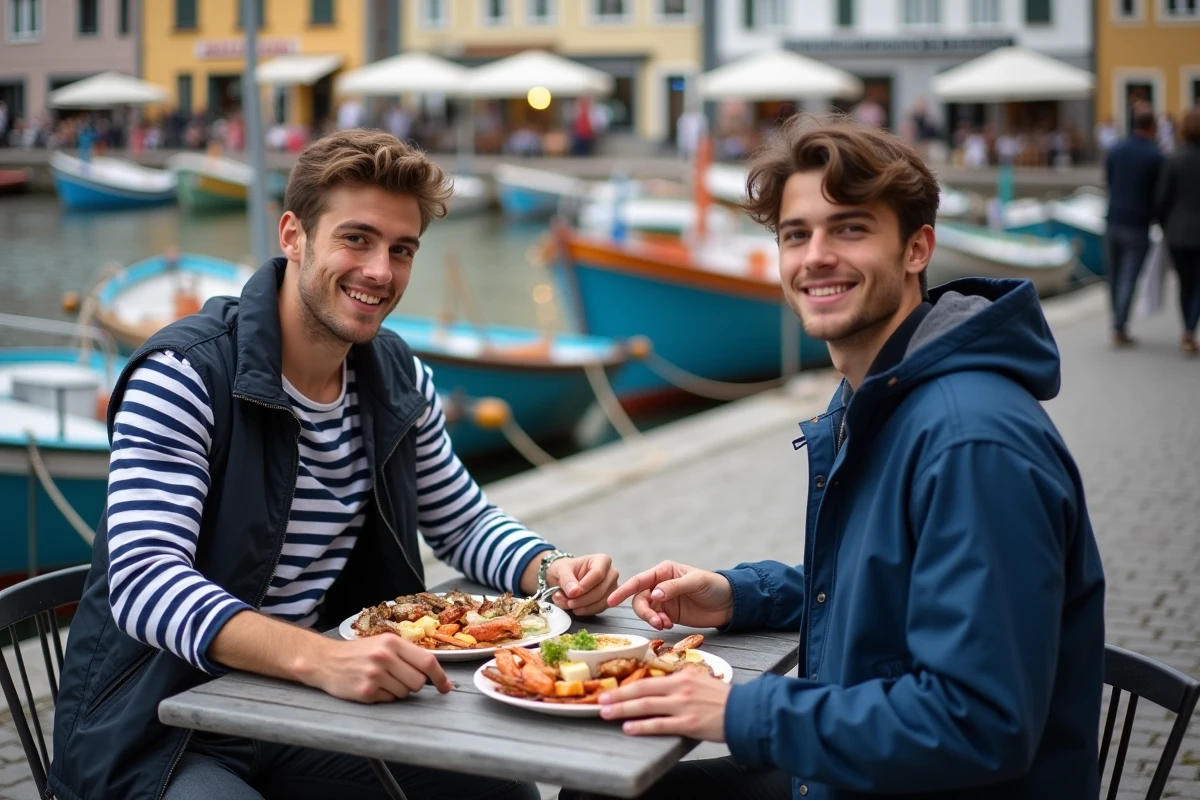 Deux jeunes dégustant un plat de fruits de mer au port
