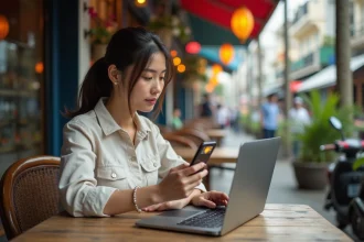 Digital nomade consultant son application eSIM sur smartphone dans un café de rue en Asie du Sud-Est, entourée d'une ambiance de marché tropicale authentique