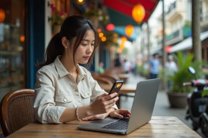 Digital nomade consultant son application eSIM sur smartphone dans un café de rue en Asie du Sud-Est, entourée d'une ambiance de marché tropicale authentique