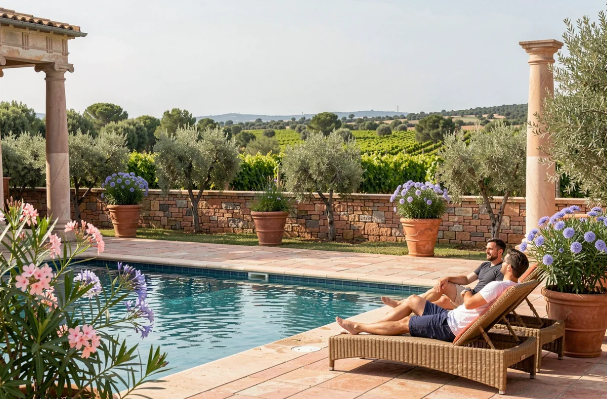 Domaine de Fraïsse dans l'Hérault avec sa grande piscine bordée de colonnes et de végétation méditerranéenne