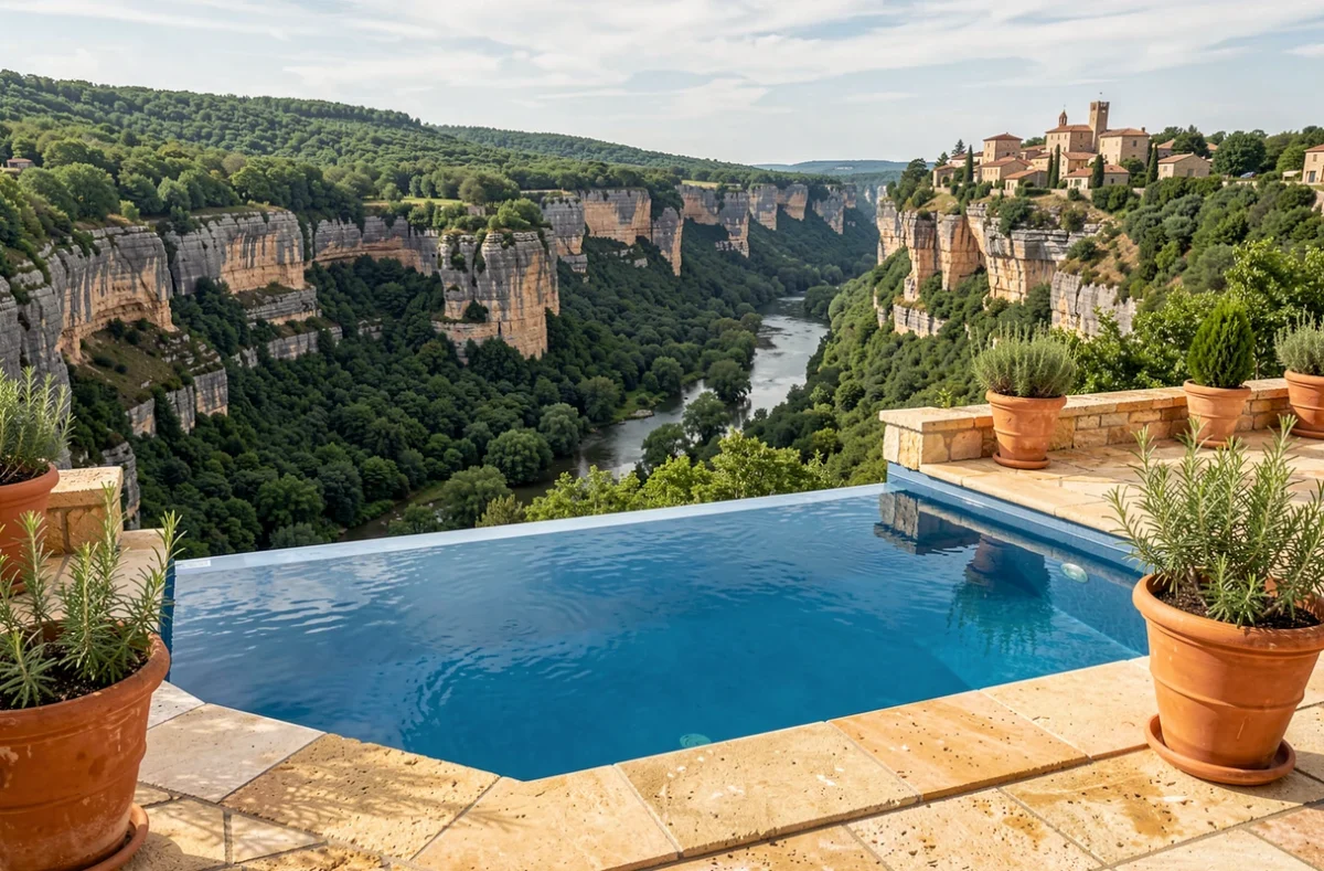 Domaine de Pellerey dans le Lot avec piscine à débordement surplombant les gorges boisées et les falaises calcaires du Quercy