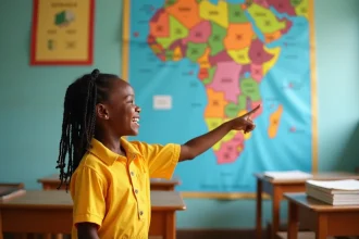 Jeune écolière sénégalaise pointant une carte colorée du Sénégal dans une salle de classe africaine