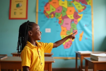 Jeune écolière sénégalaise pointant une carte colorée du Sénégal dans une salle de classe africaine