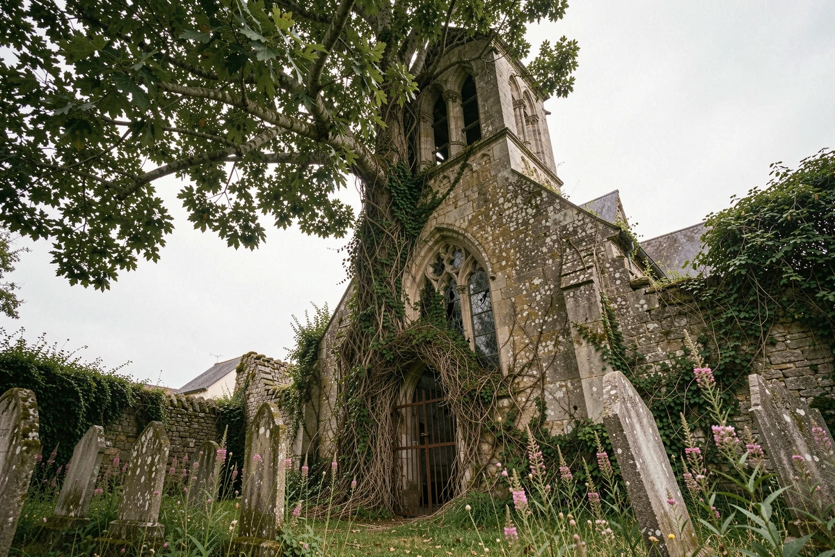 Église de village abandonné en France envahie par la végétation avec clocher roman et tombes recouvertes de mousse