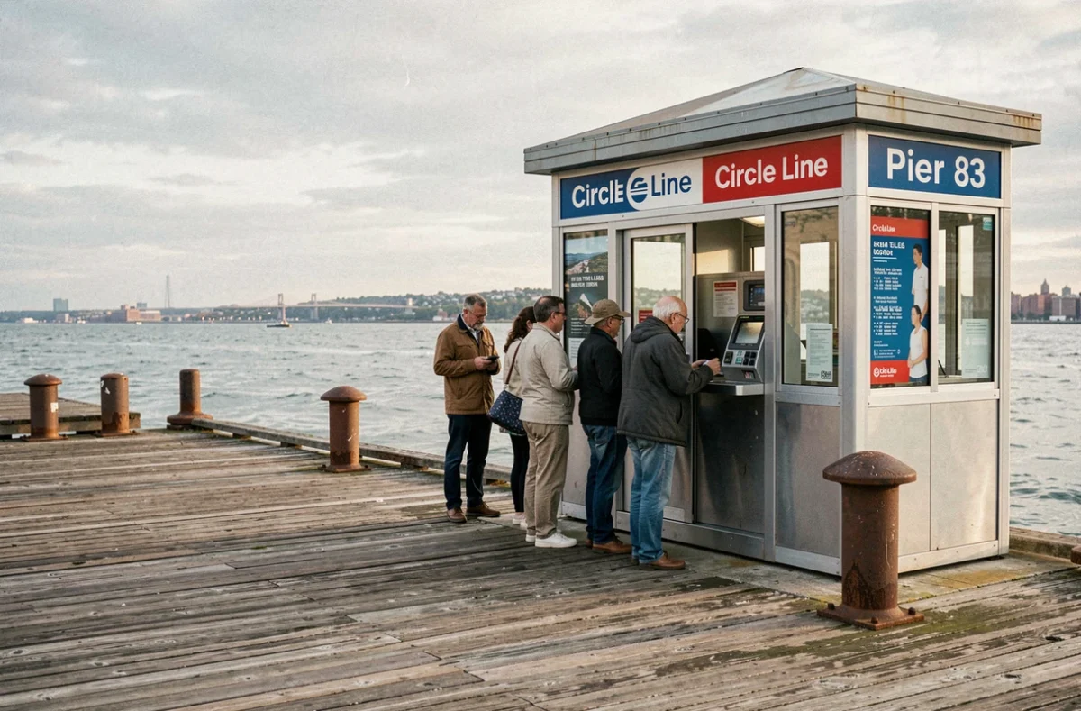 Embarcadère et billetterie de la Circle Line au Pier 83 à Manhattan avec des visiteurs en file