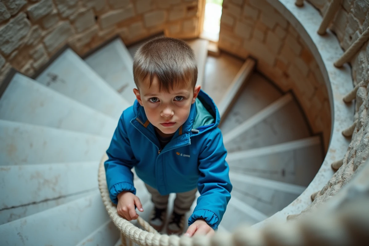 Enfant montant l'escalier en colimaçon intérieur de la Tour de Pise avec précaution