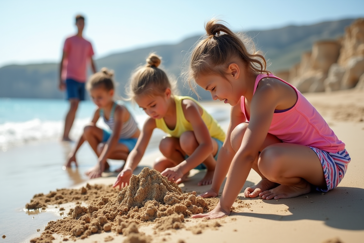 Enfants construisant un château de sable à la plage