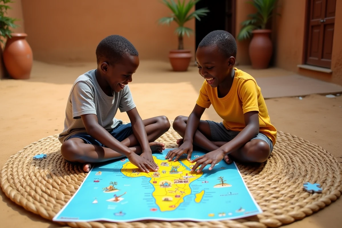Deux garçons sénégalais jouant avec un puzzle carte du Sénégal dans une cour intérieure