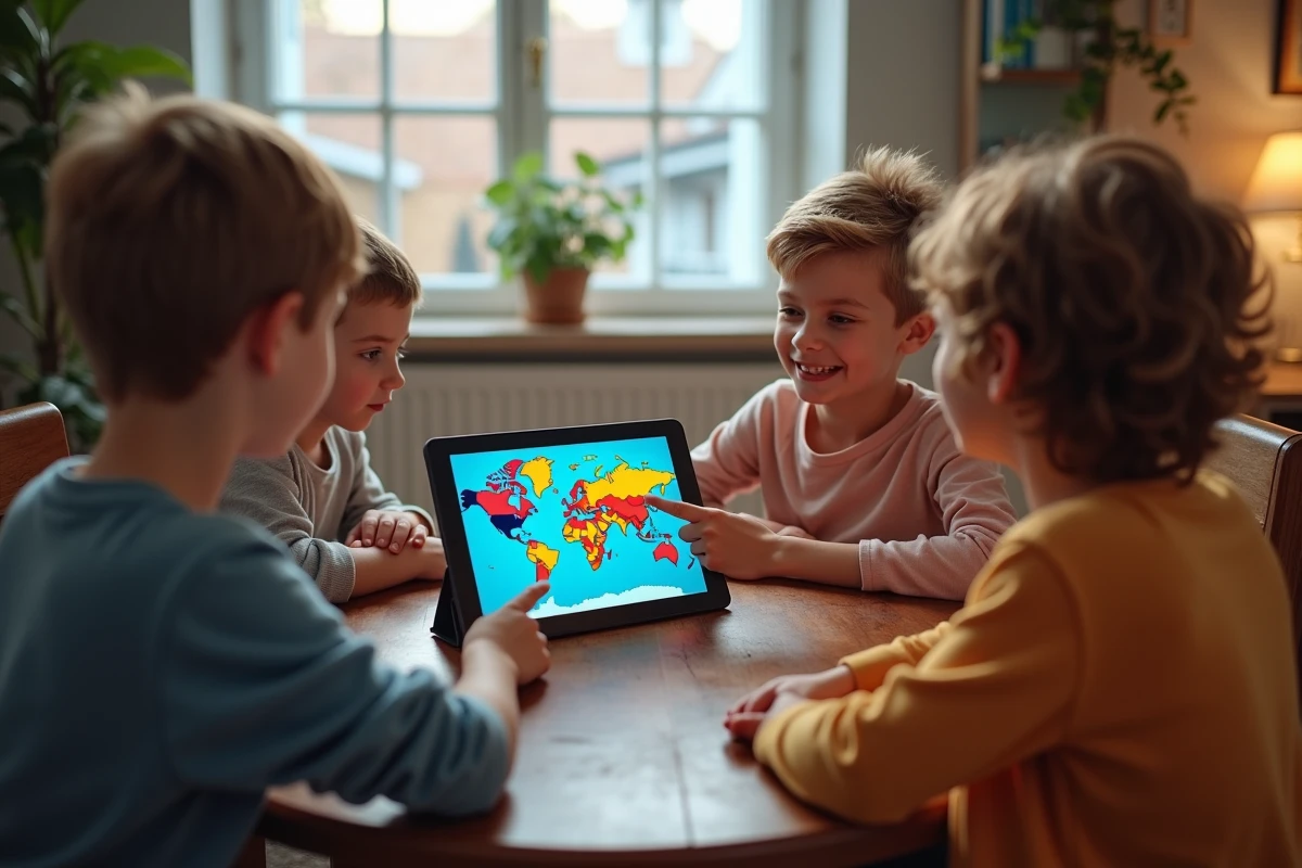 Enfants regardant une carte du monde sur tablette