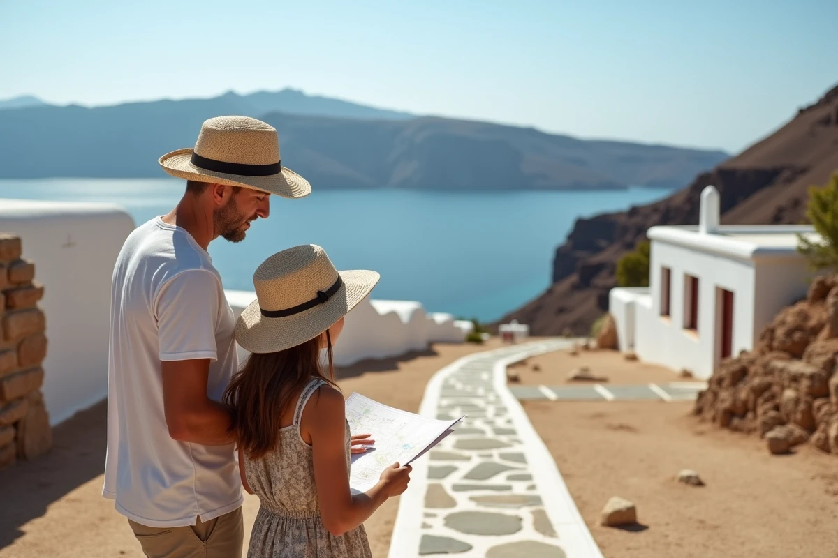 Père et fille consultant un plan devant l'entrée du site archéologique d'Akrotiri avec la mer Égée en arrière-plan à Santorin