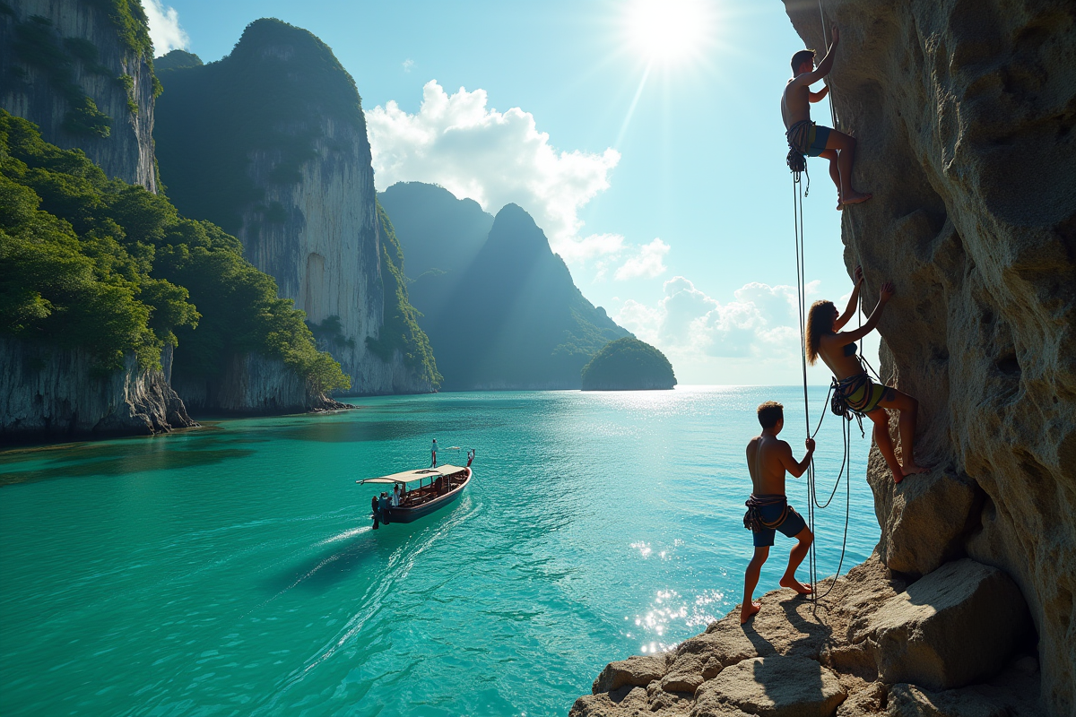 Groupe de grimpeurs sur falaises à Railay en Thaïlande