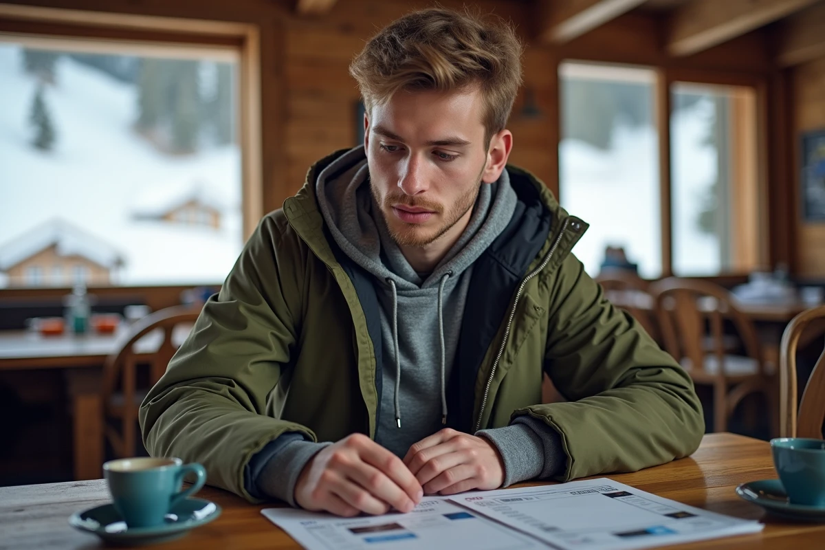Étudiant examinant un brochure de forfait de ski et sa carte étudiante dans un refuge de montagne alpin