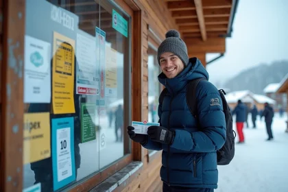 Étudiant souriant tenant un forfait de ski devant un guichet de station de montagne en hiver