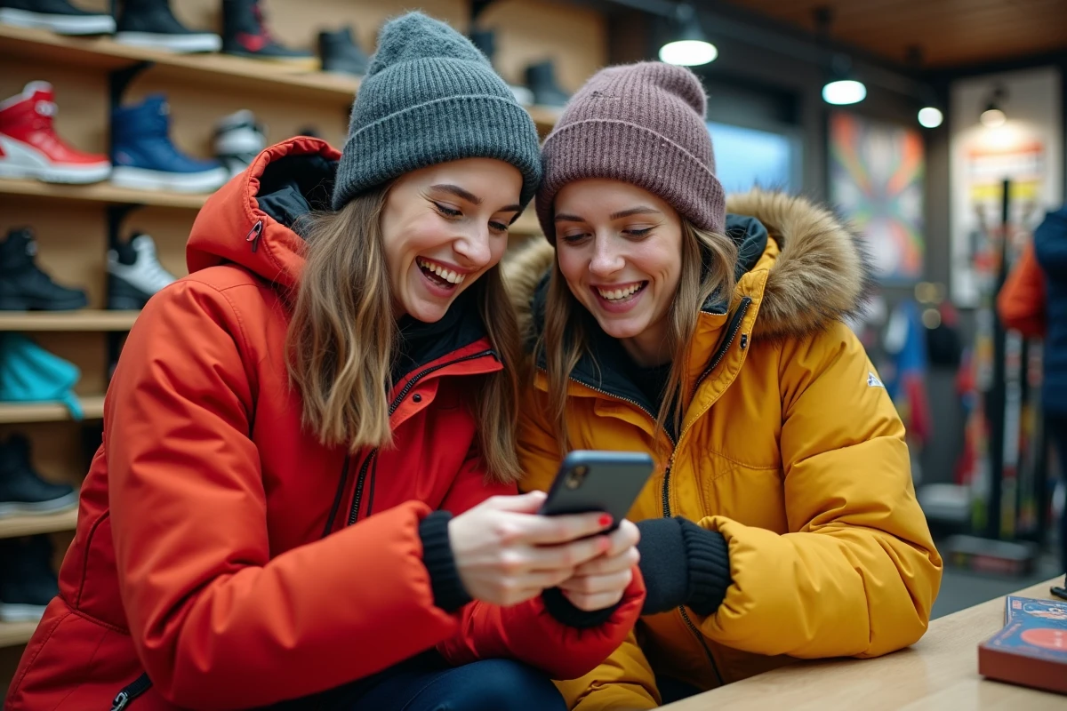 Deux étudiantes consultant une application de réductions pour forfaits de ski dans une boutique de location en montagne