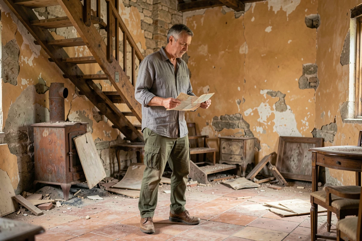 Explorateur photographiant l'intérieur d'une ferme abandonnée en France avec murs en pierre et objets anciens oubliés
