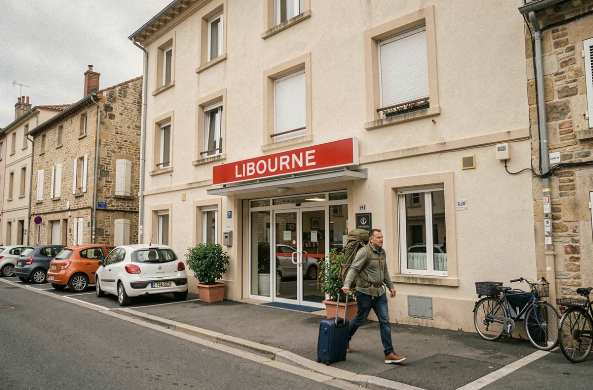 Façade extérieure de l'hôtel ibis Libourne avec entrée principale, parking et voyageur arrivant avec ses bagages