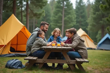 Famille heureuse autour d'un petit déjeuner en camping