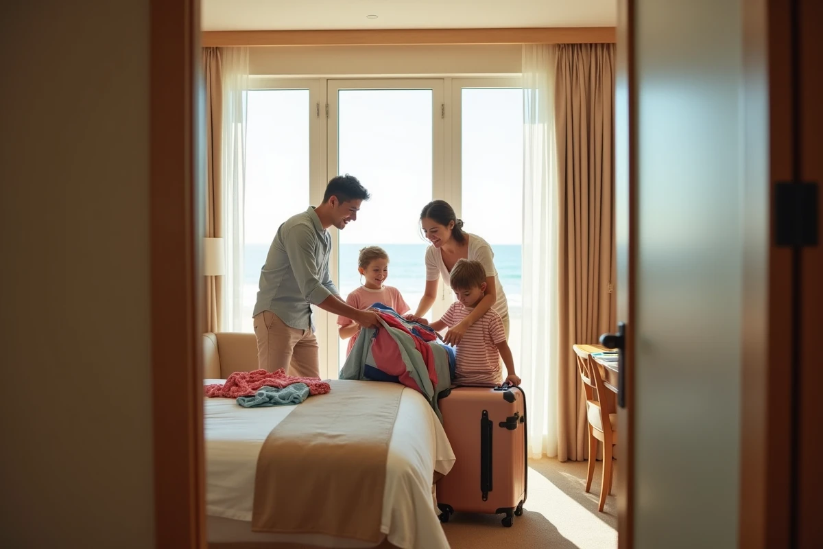 Famille déballant leurs valises dans une chambre d