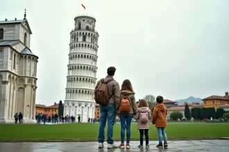 Famille avec enfants admirant la Tour de Pise par le bas depuis la Piazza dei Miracoli