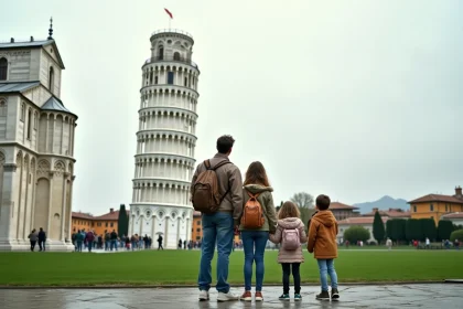Famille avec enfants admirant la Tour de Pise par le bas depuis la Piazza dei Miracoli