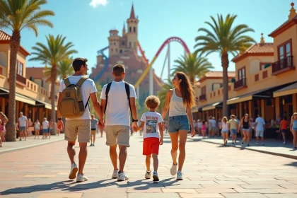 Famille entrant dans un grand parc d'attractions espagnol avec montagnes russes et architecture colorée en arrière-plan