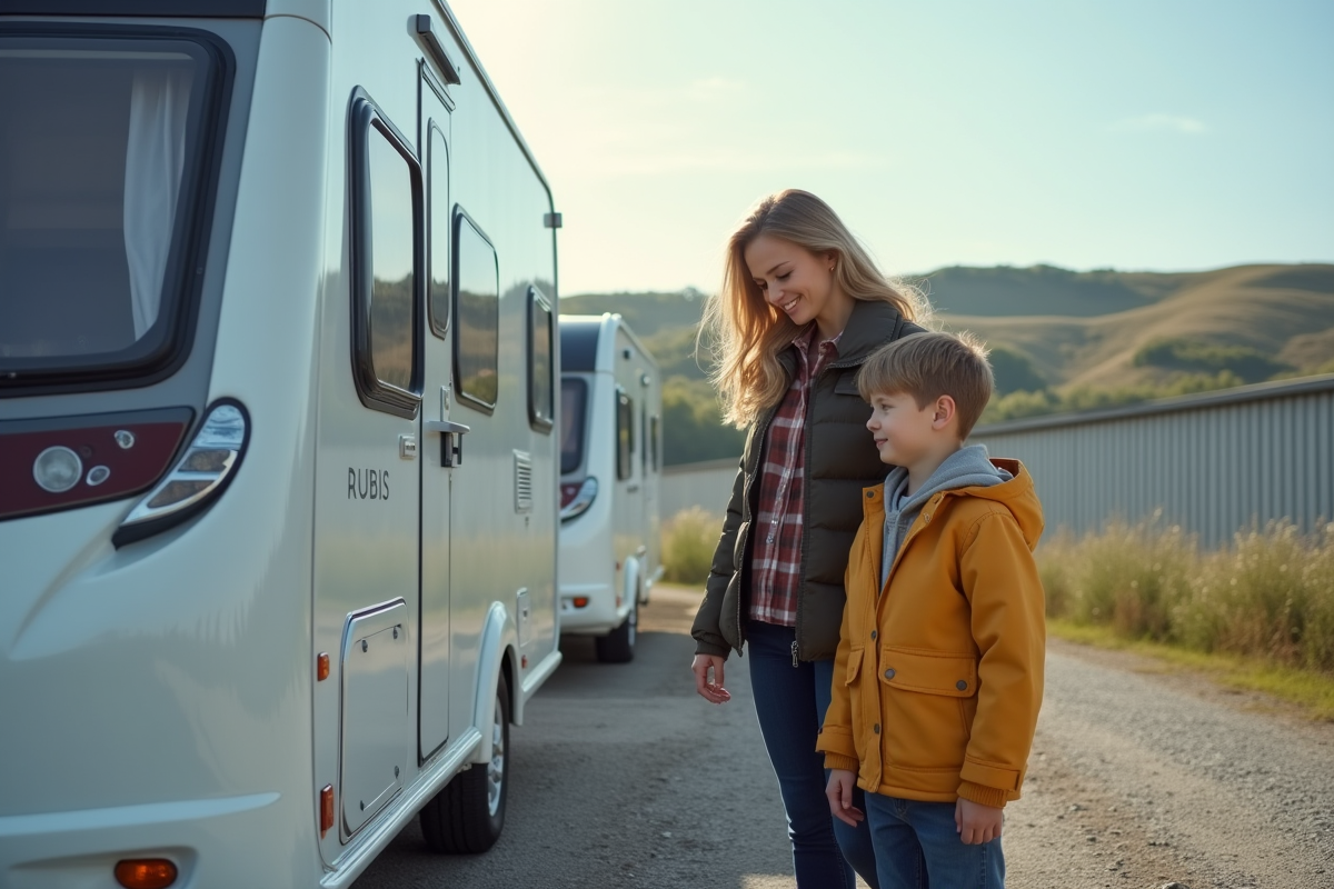 famille découvrant une caravane rubis en extérieur