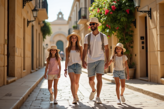 Famille souriante dans les rues de Mdina à Malte