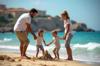 Famille construisant un château de sable sur la plage sicilienne