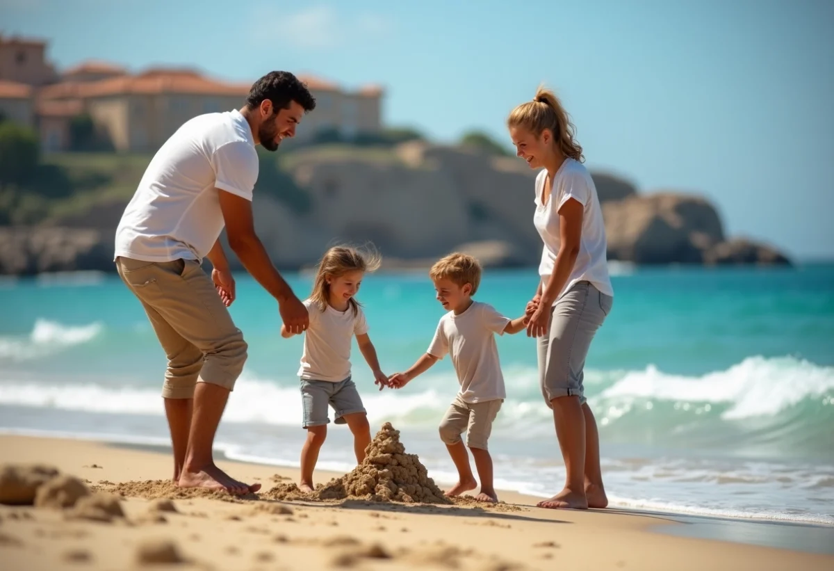Famille construisant un château de sable sur la plage sicilienne